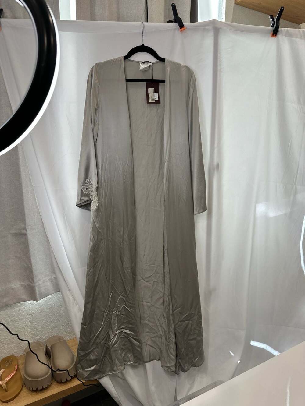 Frette Made in Italy 100% Silk Silver Gray Long Robe with Organdi Embroidery